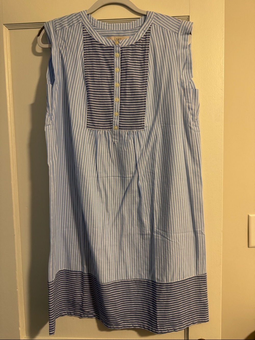 LOFT Blue & White Striped Button-Front Shift Dress